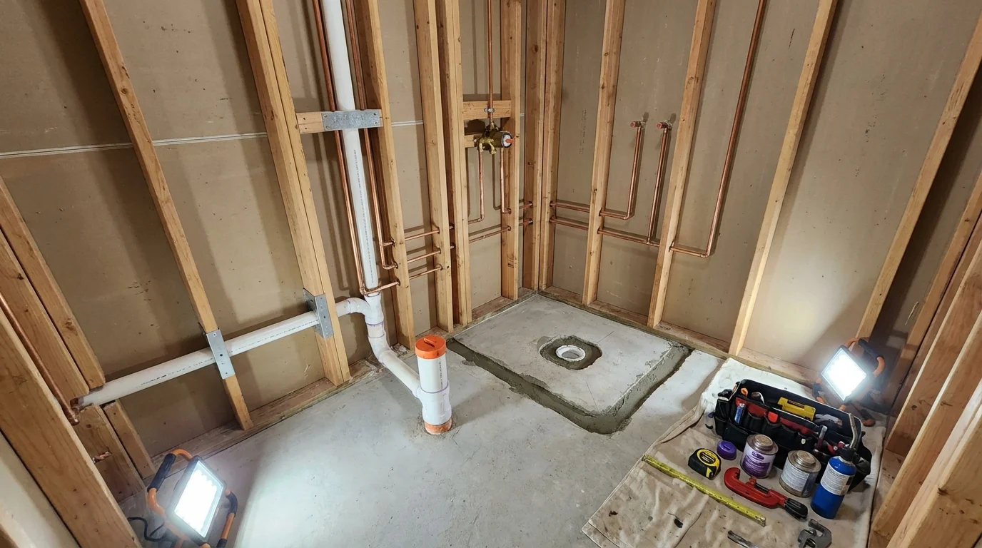 Bathroom rough-in plumbing during remodel by Johns Plumbing LLC in Rockville Centre