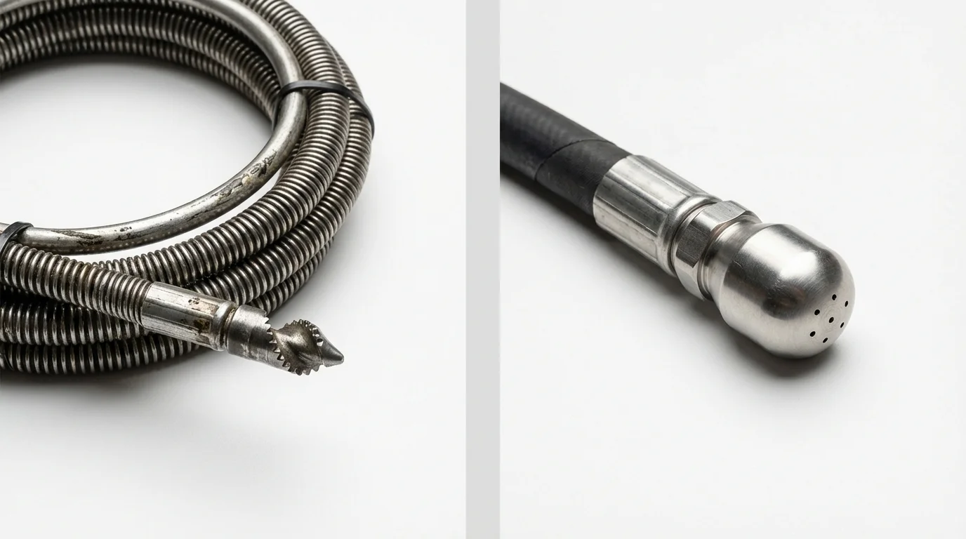 Drain snake cable and hydro jetting nozzle used for drain cleaning in Rockville Centre, NY