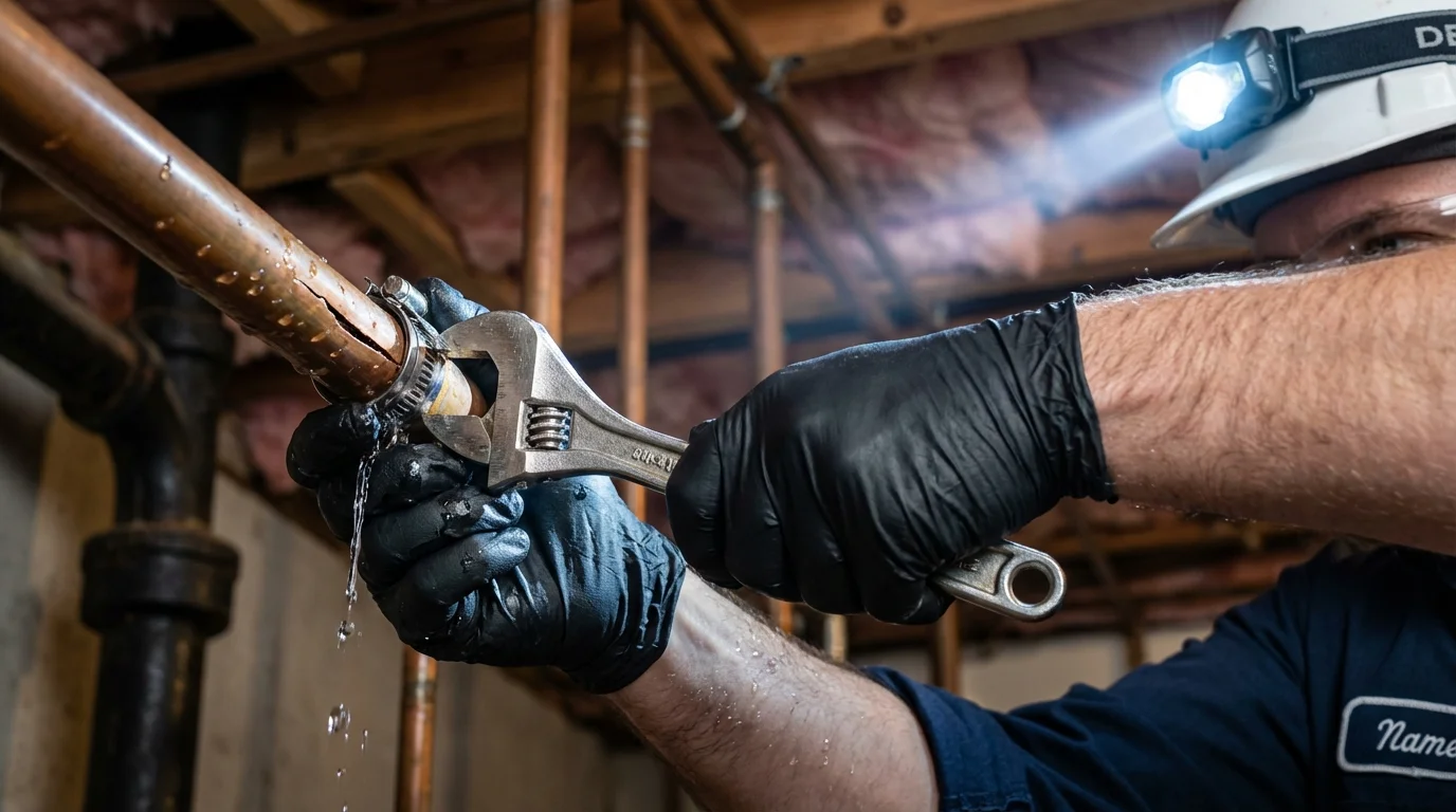 Emergency pipe clamp repair being performed by a Johns Plumbing LLC plumber in Rockville Centre