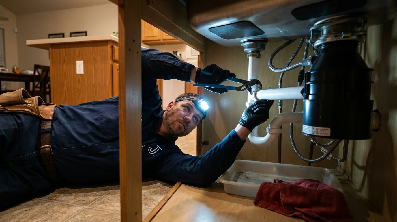 P-trap and supply line connections under a kitchen sink showing a common leak point in Rockville Centre, NY
